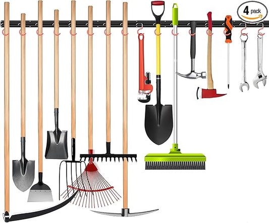 WALMANN All Metal 64 Inch Wall Mount Garden Tool Organizer for Garage, Mop and Broom Holder, Yard Tool Storage Rack for Rake, Shovel, Spade, Mop, Broom(4 Rails, 16 Hooks)-NeatNest