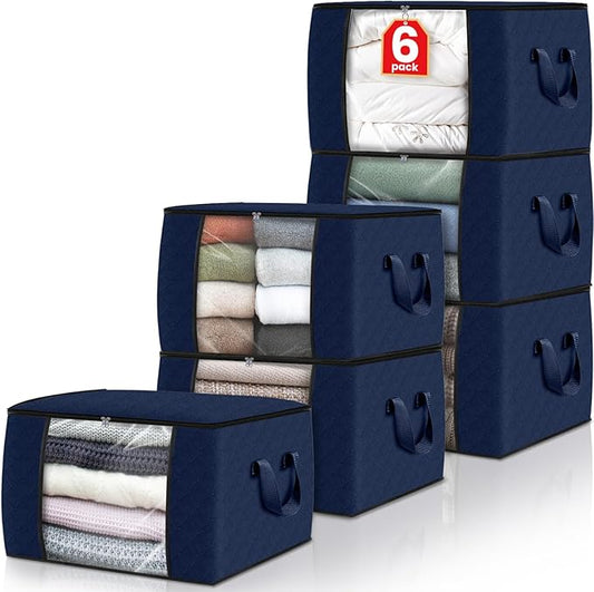 Fab totes 6 Pack Clothes Storage, Foldable Thick Fabric Blanket Storage Bags, Containers for Organizing Bedroom, Closet, Clothing, Comforter,Closet Organization with Handle,Blue-NeatNest