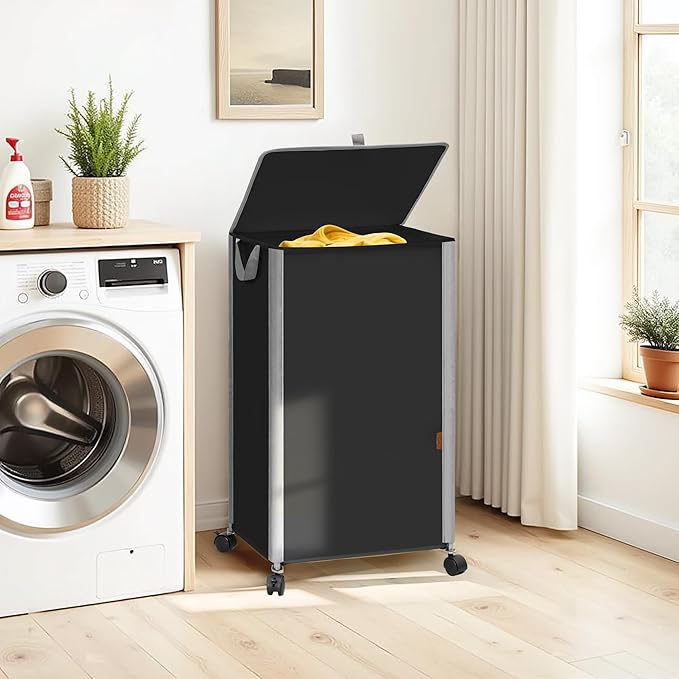 STORAGE MANIAC Rolling Laundry Hamper with Lid, 23.7 Gal (90 L) Large Tall Laundry Basket with Wheels & Handles, Aesthetic Dirty Clothes Hamper for Small Space, Dorm, Apartment, College, Black
