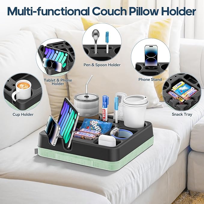 Couch Cup Holder Tray Couch Cup Holder Pillow Bed Tray Snack Sofa Bed Caddy Organizer Beach Sofa Drink Holder Anti-Spill Portable Snack Caddy Couch Remote Holder for Phone Pad Kindle Beverage Green-NeatNest