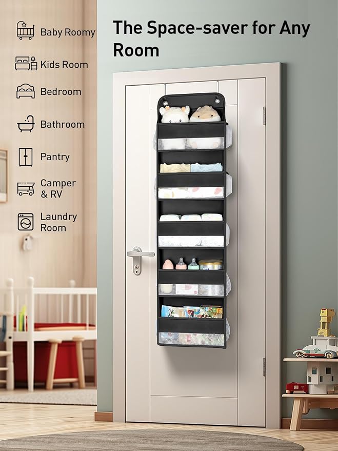 Yecaye 1 Pc Over the Door Organizer with 5 Bins 10 Side Pockets, 44lbs Load Hanging Bathroom and Bedroom Organizer, behind the Door Hanging Organizers for Nursery Newborn Baby Essential Stuff Black-NeatNest