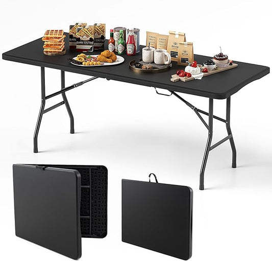 Goplus 6ft Plastic Folding Table, 350 LBS Outdoor Heavy Duty Folding Tables with HDPE Tabletop, Handle, Lock, Foldable Rectangle Portable Utility Card Table for Picnic, Party, Camping, Dining-NeatNest