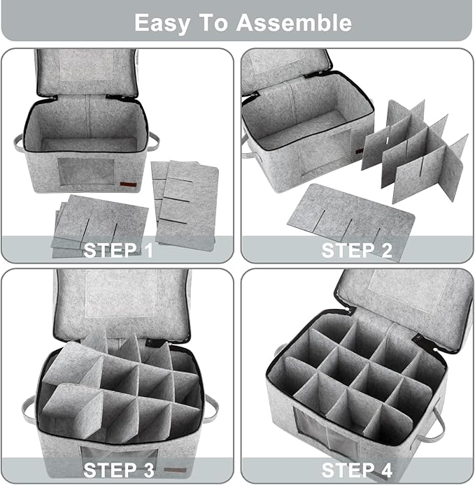 2 Pack Wine Glass Storage Box with Dividers, Stemware Storage Containers for Packing and Moving, China Storage Containers Box for 12 Crystal Glassware, Wine Glasses, Drinkware,Light Gray-NeatNest