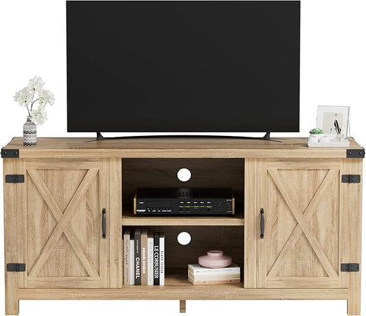 JUMMICO TV Stand, 65 Inch TV Farmhouse Entertainment Center with Double Barn Doors and Storage Cabinets, Console TV Table Media for Living Room, Bedroom (Pale Yellow)-NeatNest