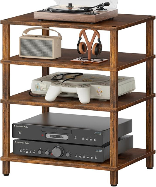 4-Tier AV Media Player Stand, Brown Stereo Cabinet, Modern Stereo Cabinet, Wooden TV Stand,Game Console Shelf, Multifunctional Entertainment Center, Suitable for Home, Conference Room, Game Studio-NeatNest