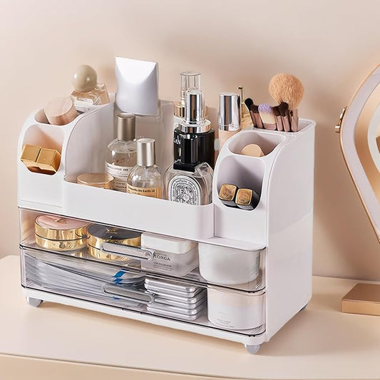Makeup Organizer with 2 Drawers, Cosmetic Display Case, Storage Holder for Vanity, Bathroom Counter, Desk, Beauty Supplies (White)