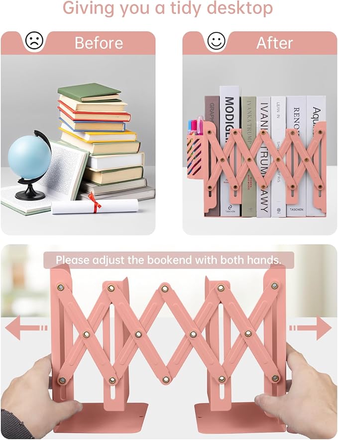 Honagu Adjustable Bookends, Metal Book Ends for Shelves Heavy Book, Desk Magazine File Organizer for Home, Office, Books, Papers, Extends up to 19 inches with Pen Holder (Pink)