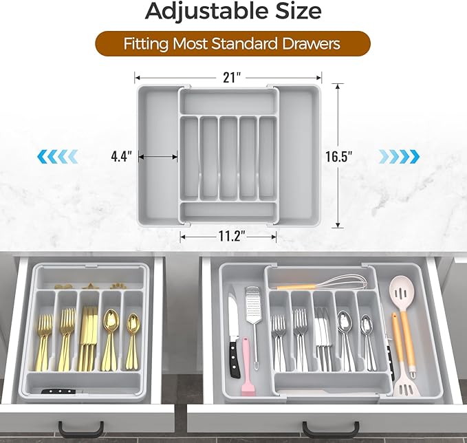 Extra Large Expandable Silverware Organizer, BPA-Free Food-Safe Cutlery Flatware Organizer, Kitchen Utensil Drawer Organizer, Adjustable Silverware Holder for Spoons Forks Knives, Gray-NeatNest
