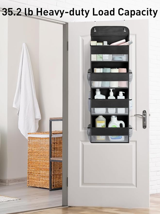 Yecaye 1 Pack Over the Door Organizer, 35.2lbs Load Toy Stuffed Animal Storage, Swing-proof Hanging Bathroom Organizers and Storage for Nursery Newborn Baby Essential Stuff Black-NeatNest