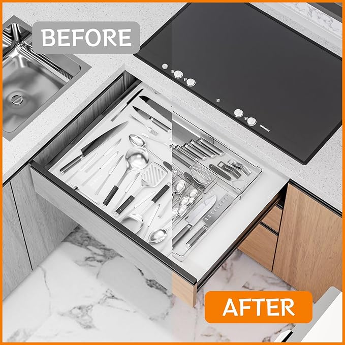 Clear Silverware Organizer for Kitchen Drawers,BPA Free Cutlery Drawer Organizer,6 Slots Plastic Utensils Organizer Suitable as In-Drawer Silverware Holder and Tray,Flatware,Knife,Fork,Spoon Organizer-NeatNest