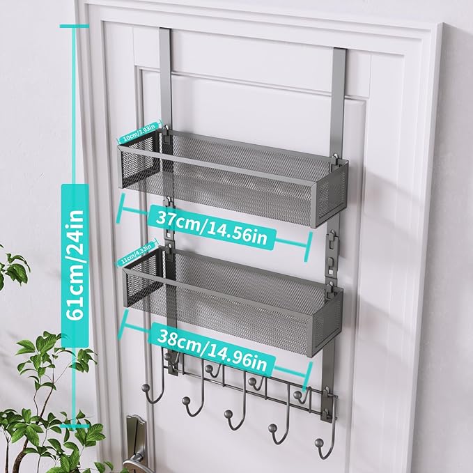 HapiRm Over The Door Hanger with Coat Hooks and 2 Baskets, Rustproof & Waterproof Over The Door Hooks, Storage Organizer for Hats, Bathroom, Kitchen, Bedroom - Grey