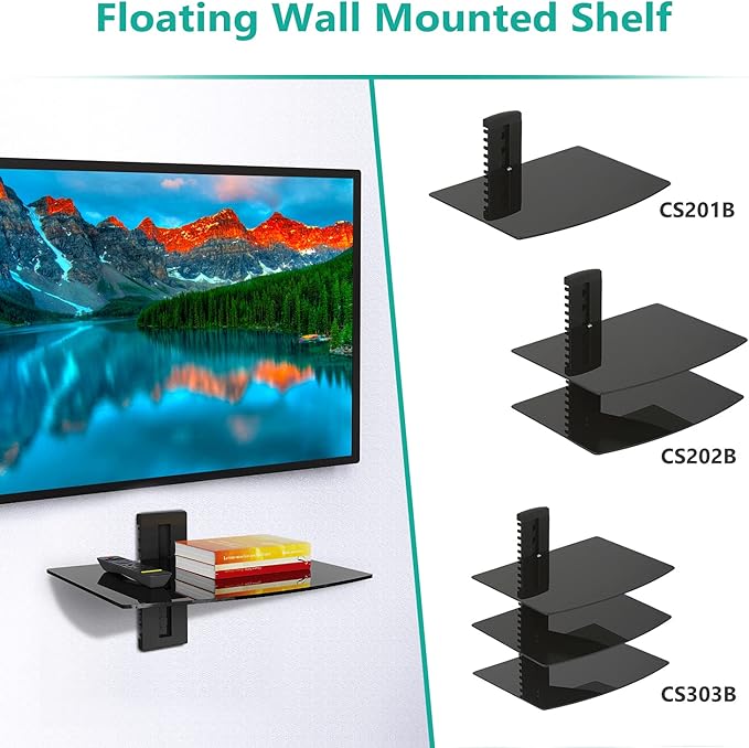 WALI Floating Entertainment Center Shelves, Holds Up to 17.6lbs, TV Shelf with Strengthened Tempered Glasses for DVD Players, Cable Boxes, Games Consoles, TV Accessories (CS201B), 1 Shelf, Black