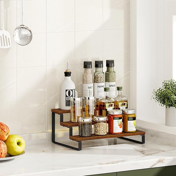Giikin 3-Tier Spice Rack, 13.8 Inch Wood Step Shelf Countertop Spice Storage Holder, Kitchen Pantry Cabinet Organizer Cupboard for Spice Bottles, Jars, Seasonings, Baking Supplies, Metal Frame-NeatNest