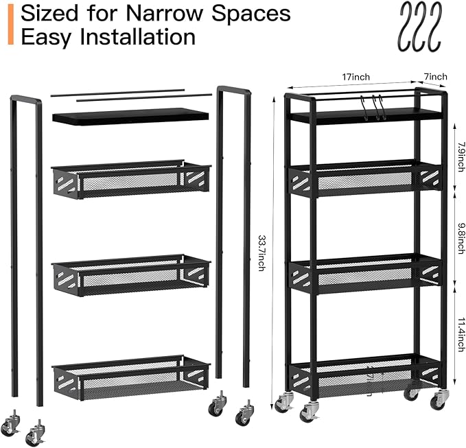DGSNADGO Slim Rolling Storage Cart, 4-Tier Kitchen Cart on Wheels, Narrow Utility Cart with Handle and Wooden Tabletop for Small Space in Kitchen, Living Room, Bathroom, Laundry Room, Beige (Black)