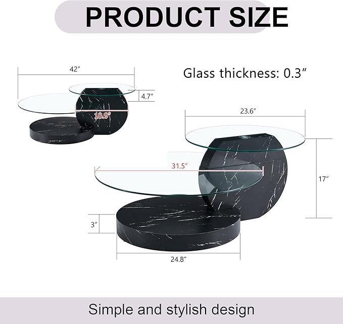 Glass Coffee Tables for Living Room Round Coffee Tables Modern Double Layer Round Table Circle Coffee Table for Small Space Home Office (42 Inch Black)