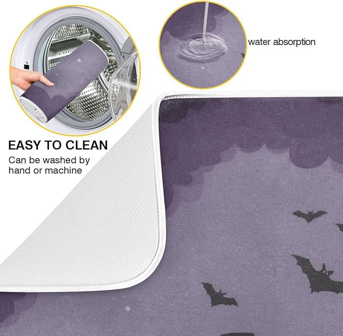 Halloween Flying Witch Drying Matt Absorbent Kitchen Mat Dishes Drying Mat Xl 18 x 24 Dish Drainer Mat for Kitchen Counter Dish Drying Matt