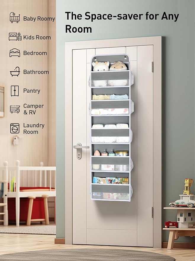 Yecaye 2 Pc Over The Door Organizer with 5 Bins 10 Side Pockets, 44lbs Load Hanging Bathroom and Bedroom Organizer, Behind The Door Hanging Organizers for Nursery Newborn Baby Essential Stuff Grey-NeatNest