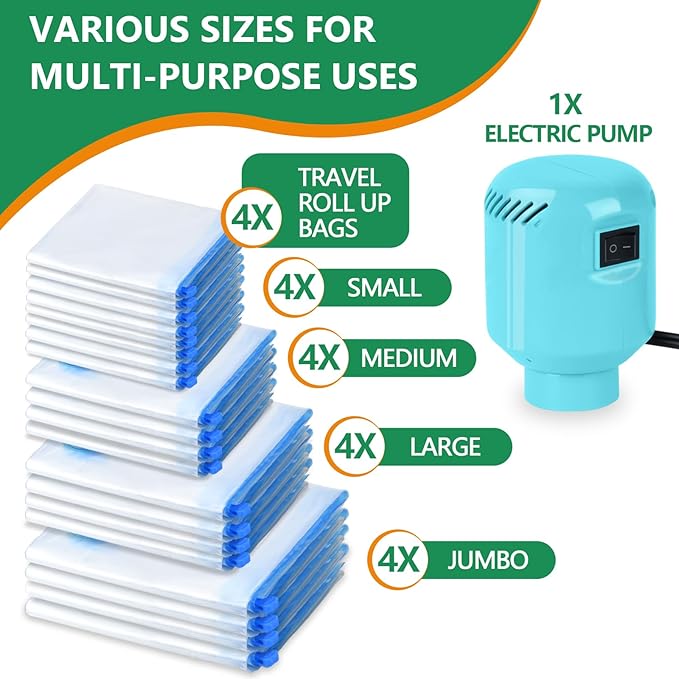ZPP Vacuum Storage Bags with Electric Pump, 20 Pack (4 Jumbo, 4 Large, 4 Medium, 4 Small, 4 Roll Up Bags) Vacuum Seal Bags for Clothes, Mattress, Blanket, Comforters, Travel, Moving-NeatNest