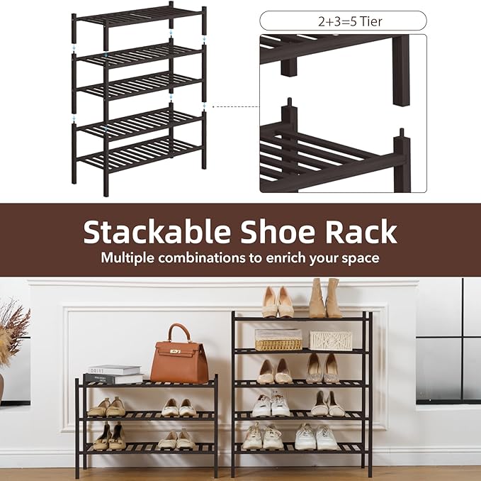 5 Tier Bamboo Shoe Rack Storage Organizer for Closet, Multifunctional Stackable Free Standing Shoe Shelf Organizer for Small Space,Entryway, Hallway, Bathroom27 x11 x32 (Brown, 5 Tier)-NeatNest