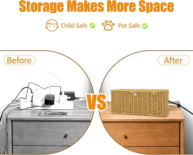 Cable Management Box, Upgrade Large Cable Organizer Box, Handmade Rattan Floor Cord Covers with 4 Open Slots, Cord Hider for Power Strips, Wires Storage