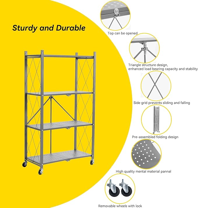 BRIAN & DANY 4-Shelf Foldable Storage Shelves with Wheels, Folding Metal Rack Shelving Unit, Heavy Duty No Assembly Organizer Shelf for Garage, Kitchen, Basement, Pantry, Gray-NeatNest