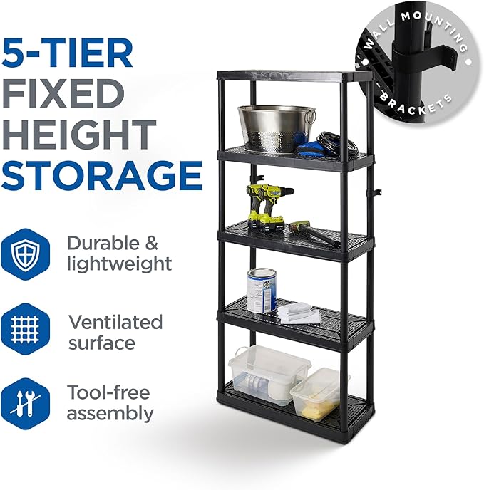 Gracious Living 5 Shelf Fixed Height Ventilated Medium Duty Storage Unit 14 x 32 x 72" Organizer System for Home, Garage, Basement, & Laundry, Black
