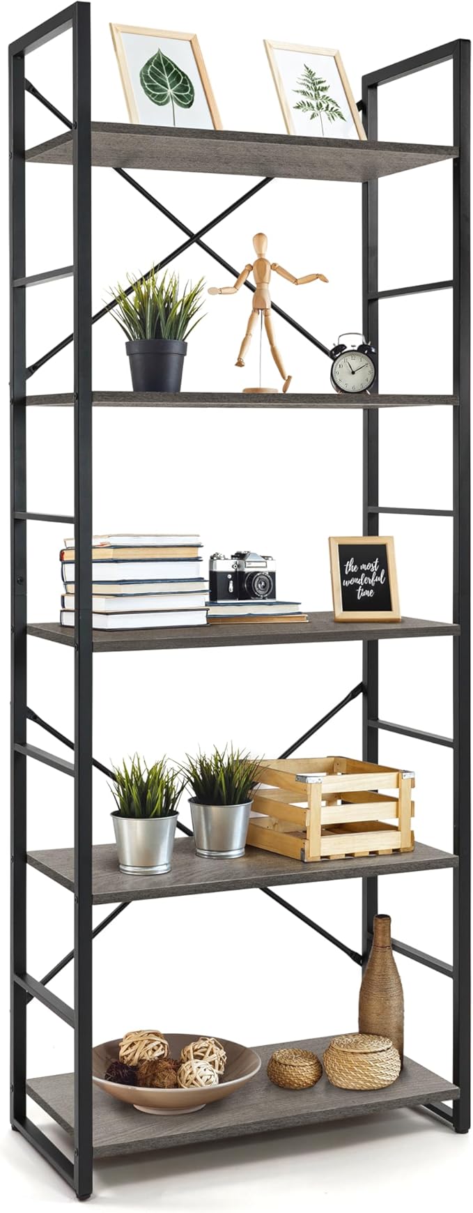 CAPHAUS 5 Tier Bookshelf, 24 Inch Width Free Standing Shelf, Bookcase Shelf Storage Organizer, Industrial Book Shelves for Home Office, Living Room, Kitchen, Dark Grey-NeatNest