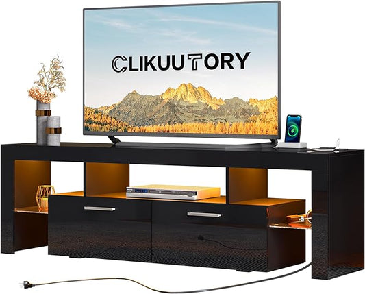 Clikuutory Modern LED Black 67 inch TV Stand with Power Outlet and Large Storage for 40 50 55 60 65 70 75 Inch TVs, Wood TV Console with High Glossy Entertainment Center for Living Room, Bedroom-NeatNest