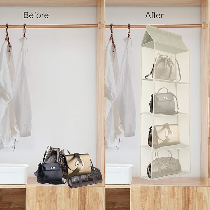 Closet Handbag Purse Holder, Space Saving Hanging Handbag Storage Tote Bag Organizer Holder with 4 Large Heavy-Duty Mesh Shelves for Wardrobe Closet(Pack of 2 Beige)-NeatNest