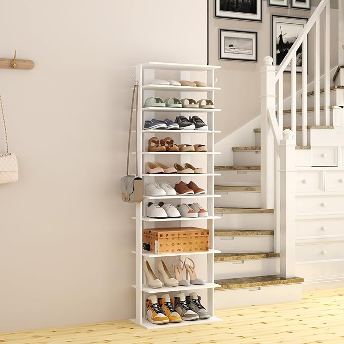 HOMEFORT 10-Tier Corner Shoe Tower - Double Rows, Slim Shoe Stand for 20 Pairs - Entryway, Hallway, Closet (White)-NeatNest