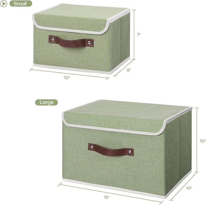 ANMINY 2PCS Storage Bins with Lid PU Leather Handles Storage Boxes PP Plastic Board Decorative Foldable Lidded Cotton Linen Fabric Home Cubes Baskets Closet Organizer Containers - Green, Small Size-NeatNest