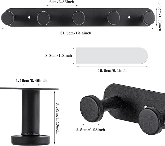 Coat Hooks Wall Mounted, Black Coat Rack with 5 Hooks Adhesive & Screw in Door Hooks Heavy Duty Coat Hanger Towel Hooks for Wall Towels Clothes Hat-NeatNest