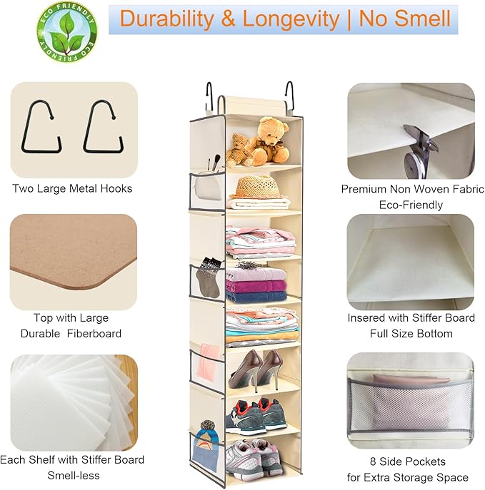 2 Pack Large-Sized Hanging Shoe Organizer 8-Shelf, Hanging Closet Organizer with 8 Side Pockets, Wider Hanging Shelves for Storage Shoes Clothes 9" W × 11.8" D× 48" H, Beige.-NeatNest