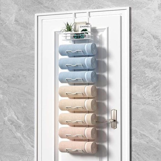 9-Tier Over The Door Towel Rack,Towel Racks for Bathroom, Metal Towel Holder with Storage Basket,Towel Rack for Rolled Towels,Bathroom Shelves,White