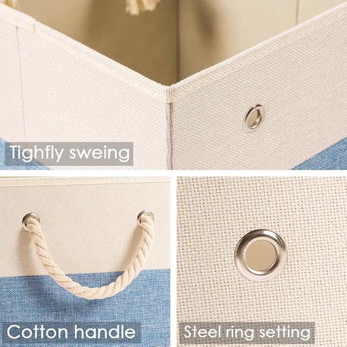 PRANDOM Large Foldable Cube Storage Bins 13x13 inch [2-Pack] Fabric Linen Storage Baskets Cubes Drawer with Cotton Handles Organizer for Shelves Nursery Closet Bedroom Beige/Blue-NeatNest