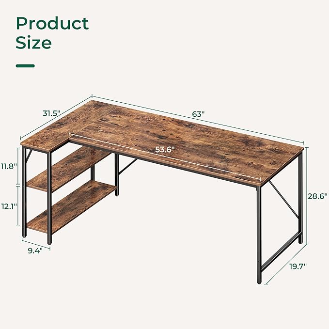 Huuger L Shaped Desk, 63 Inches Computer Desk with Reversible Storage Shelves, for Gaming Corner Home Office Writing Study, Metal Frame, Rustic Brown-NeatNest