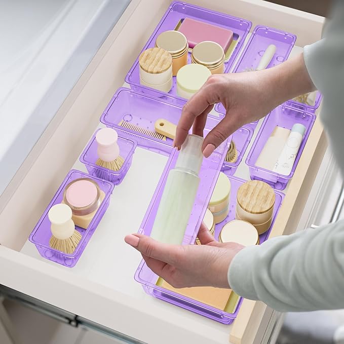 15 PCS Clear Plastic Drawer Organizer Set, 4-Size Acrylic Drawer Storage Trays, Storage Bins for Makeup, Gadgets, and Jewelry in Bathroom, Bedroom and Office, Clear Purple-NeatNest