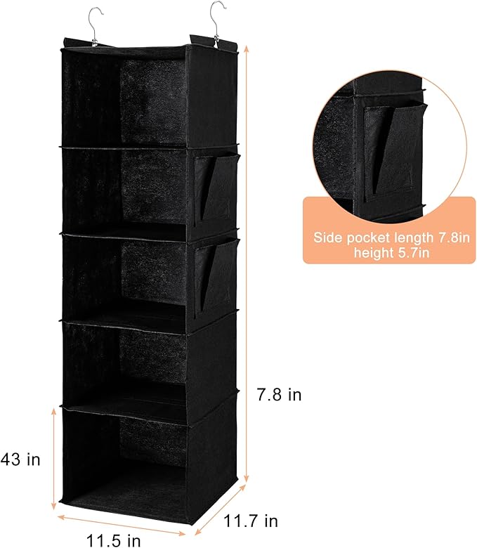 BOOMIBOO Hanging Closet Organize and Shelves，5-Hanging Shelf with 2 Side Pockets，Storage Foldable （2 Pack,Black）-NeatNest