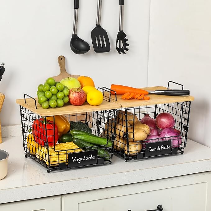 2 Set Large Stackable Wire Basket with Bamboo Tops & Tag- Pantry Organizer and Storage Bins, Kitchen Counter Cabinet Shelf Countertop Under Sink Organizing for Food Snack Produce Onion Potato Bread