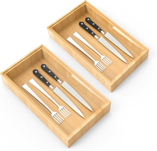 Bamboo Drawer Organizer, 2PCS Stackable Storage Boxes for Utensil Organizer, Wood Tray for kitchen, Bathroom and Bedroom 12" x 6" x 2"-NeatNest