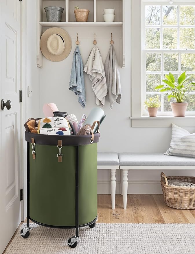 StorageWorks 170L Rolling Laundry Basket, Clothes Hamper with Wheels, Round Clothing Cart with Steel Frame and Removable Bag, 4 Casters and 2 Brakes, Green, 1-Pack