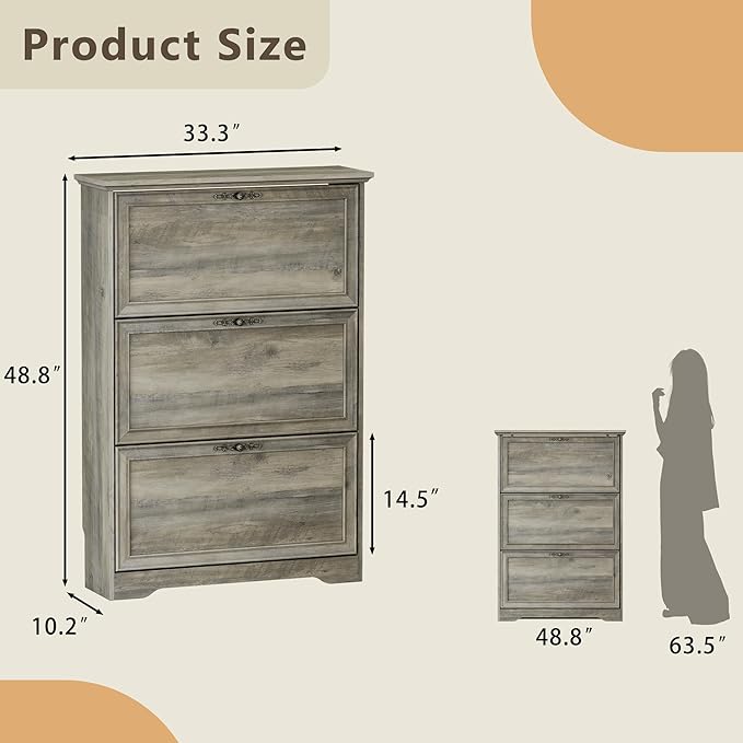 3 Flips Shoe Cabinet for Entryway, Narrow Shoe Storage Cabinet with Adjustable Shelves, Wooden Space-Saving Organizer and Rack for Foyer, Closet, Hallway