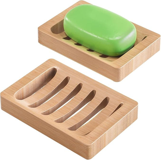 AmazerBath Soap Holder Soap Dish, Bamboo Soap Dish, 2 Pack Wood Bar Soap Holder for Shower, Trays Self Draining, Soap Saver for Shower, Bathroom, Kitchen(Natural Color)-NeatNest