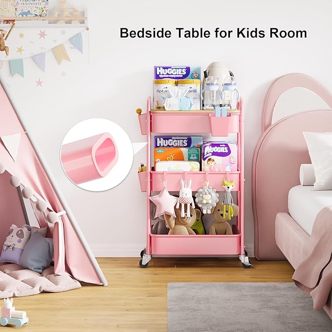 3 Tier Rolling Cart Metal with Wheels & Table Top, Pink Utility Cart with Cups and Hooks, Three Tiered Craft Cart Organizer on Wheels, Storage Carts for Salon, Lash, Hair, Nail, Makeup, Diaper, Book