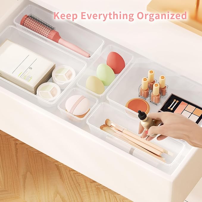 15 PCS Clear Plastic Drawer Organizer Set, 4 Sizes Versatile Bathroom Drawer Organization and Storage Trays, Non-Slip Desk Vanity Storage Bins for Makeup Jewelry Kitchen Utensil Gadget Office-NeatNest