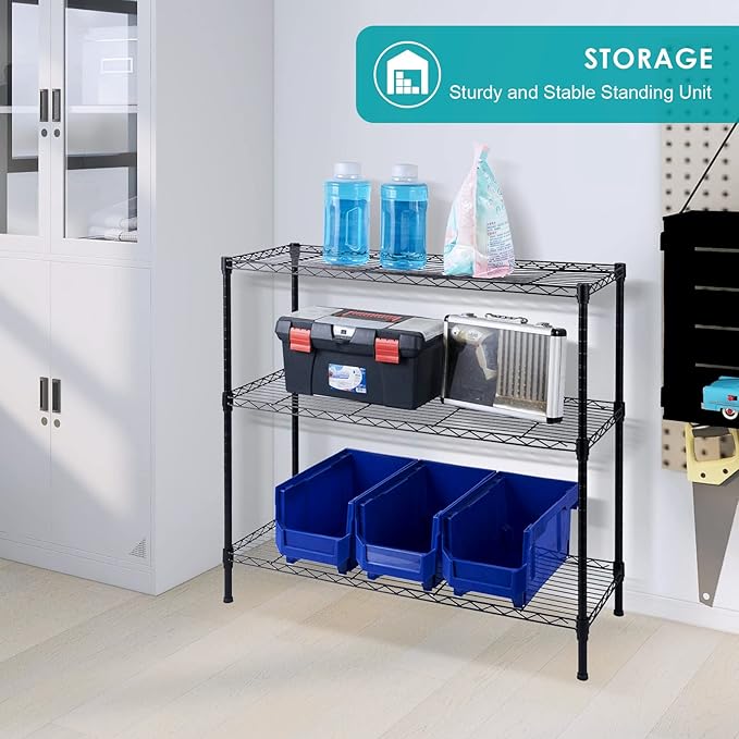 3-Tier Wire Shelving Unit, Adjustable Metal Wire Shelves with NSF Certified, Standing Storage Shelf Unit for Laundry, Bathroom, Kitchen, Pantry, Closet (13.7" D x 35.5" W x 31.5" H, Black)