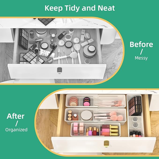 Desk Drawer Organizer Tray, 4 Pack Expandable Drawer Organizer with Dividers Adjustable, Bathroom Organizer Bins for Junk, Office, Makeup, Kitchen Utensil-NeatNest