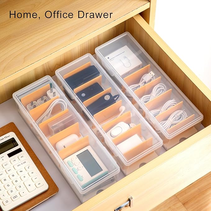 Small Deep Strips Container with Lid for Membership Card, Charger Cable Cord, Trading Card Organizer, Craft Supply, Office Supplies, Battery Storage(Clear+Yellow-2pack)-NeatNest