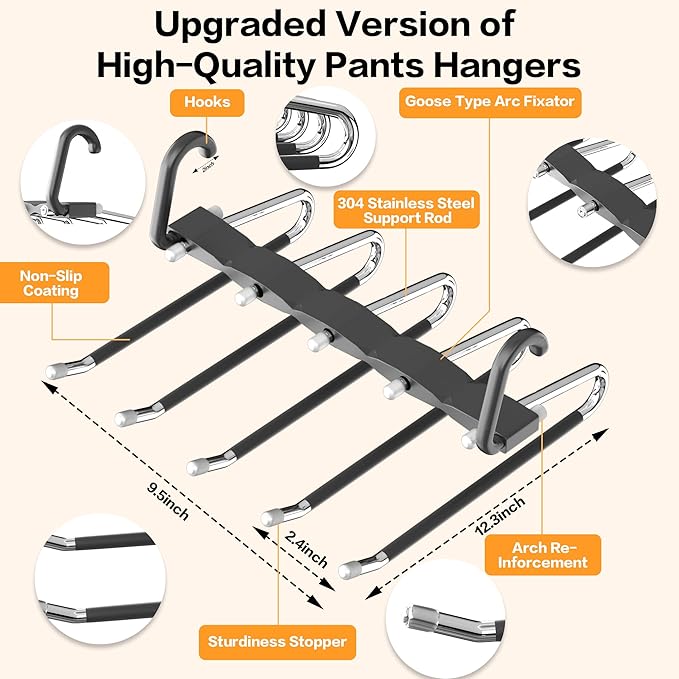 Pants Hangers Space Saving - 2 Pack Closet Organizer and Storage Jean Hangers, Stainless Steel Anti-Slip Clothes Hanger Scarf Holder for Pants Jeans Leggings Trousers Pant Rack, Black-NeatNest