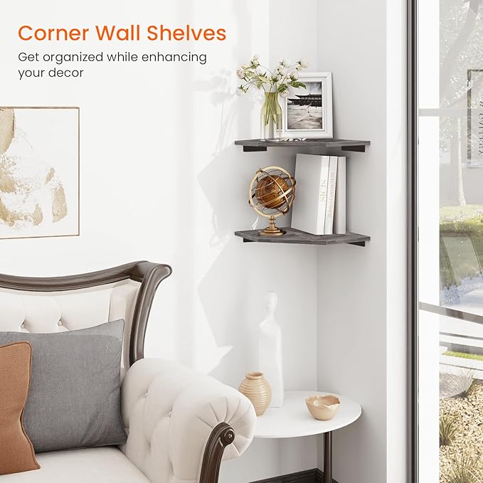 Homode Corner Shelf Wall Mount, Set of 2 Corner Floating Shelves with Cord Hole for TV, Cable Box, Wood Hanging Storage Shelf Organizer for Bathroom Kitchen Living Room Bedroom, Rustic Grey-NeatNest